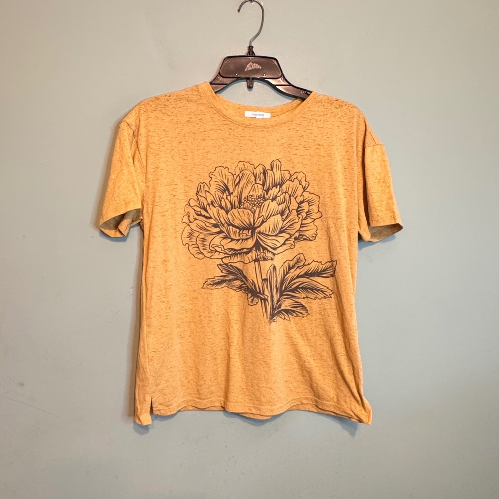 Maurices Womens XS Mustard Yellow Floral Graphic T-Shirt Short Sleeve